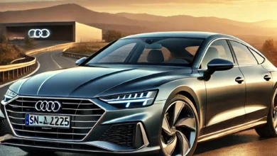 2025 Audi A7 luxury sedan with a sleek fastback design at sunset.