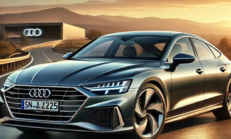 2025 Audi A7 luxury sedan with a sleek fastback design at sunset.