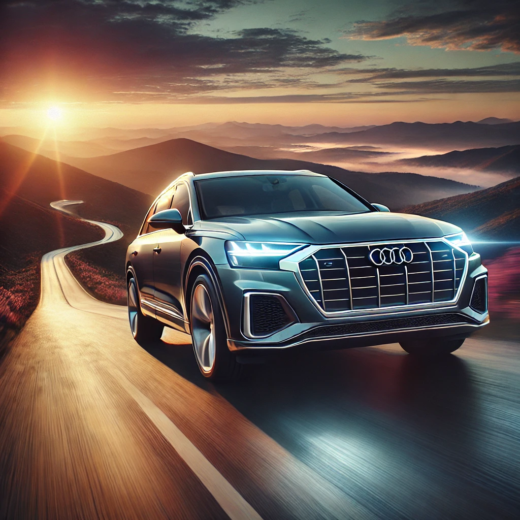 2025 Audi Q7 driving on a mountain road at sunset, showcasing its sleek design and LED headlights.