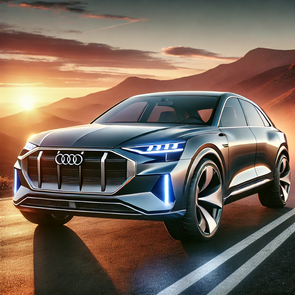 Audi Q8 SUV with sleek design, LED headlights, and sporty wheels on a mountain road at sunset.