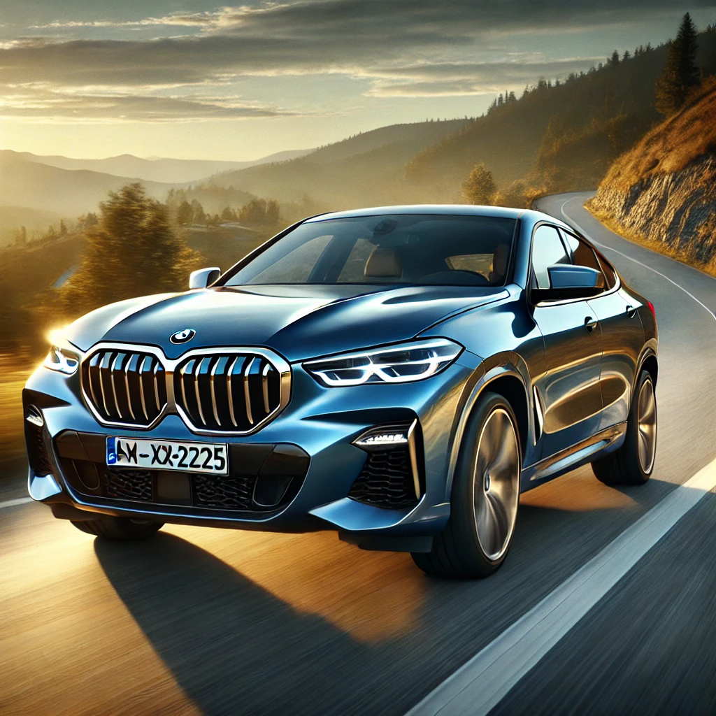 2025 BMW X6 in metallic blue on a mountain road at sunset, showcasing its bold grille, LED headlights, and sporty coupe-like design.