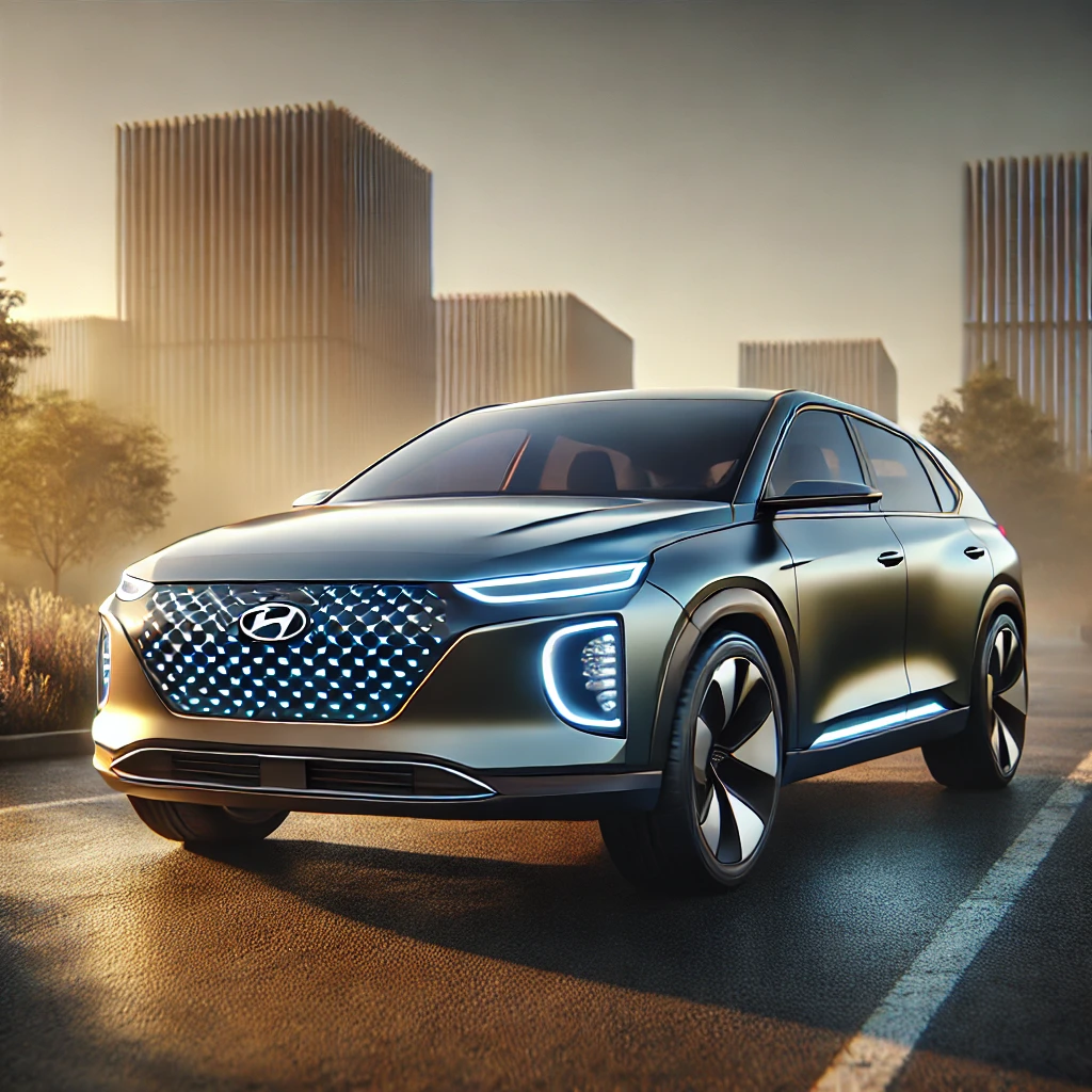 2025 Hyundai Ioniq 5, an electric SUV with a sleek design, pixelated lighting, and aerodynamic shape in a modern outdoor setting.