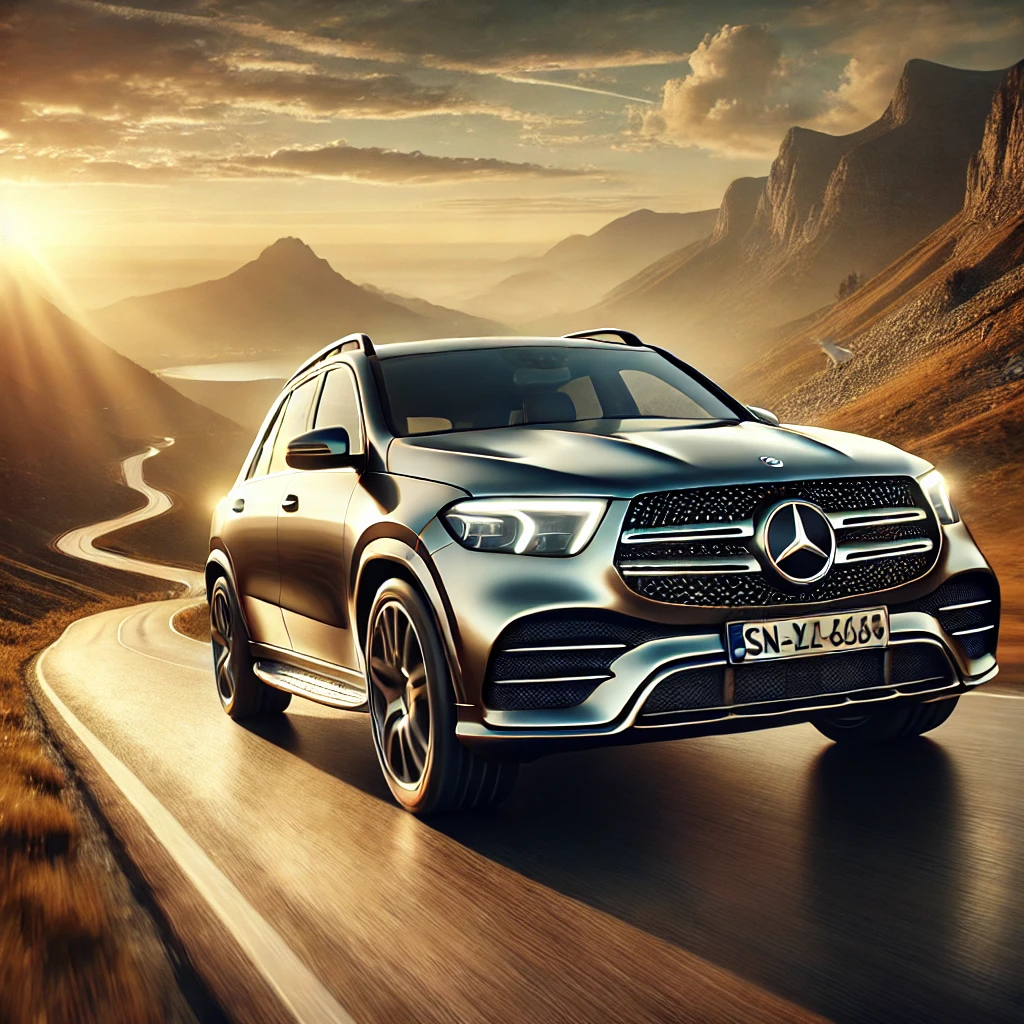 2025 Mercedes-Benz GLE-Class driving on a mountain road at sunset.