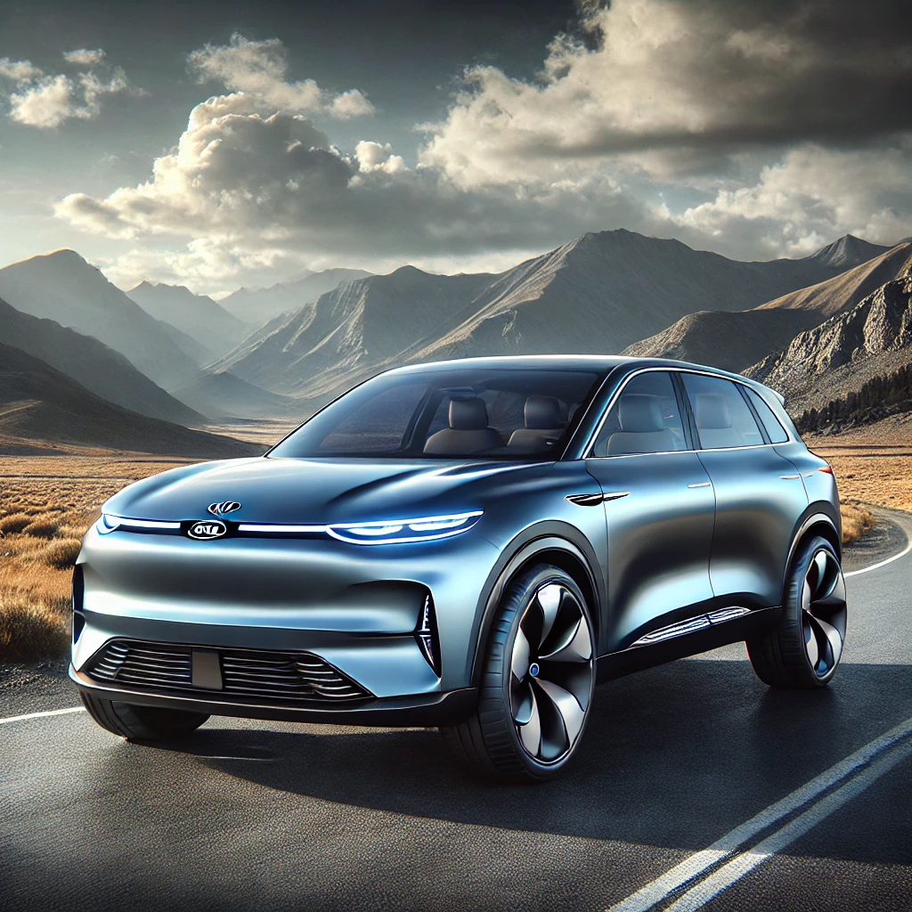 2026 Kia EV9 electric SUV parked on a scenic road with mountains in the background, featuring a sleek modern design and metallic blue color.