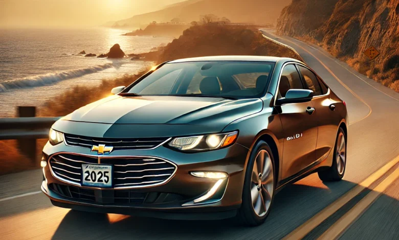 2025 Chevrolet Malibu driving on a coastal highway at sunset.