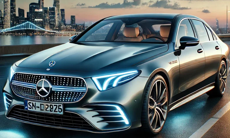 2025 Mercedes-Benz E-Class parked on a scenic road with a sleek design, LED headlights, and a modern city skyline in the background.