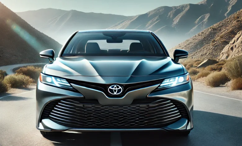 2025 Toyota Camry Hybrid with sleek design, LED headlights, and aerodynamic lines on a scenic road.